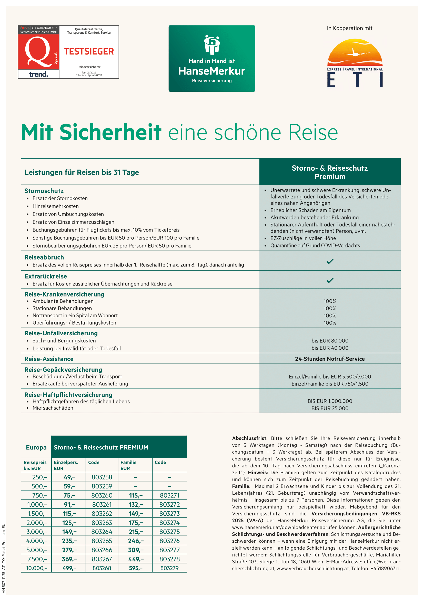 Reiseschutzversicherung Hanse Merkur Prämientabelle